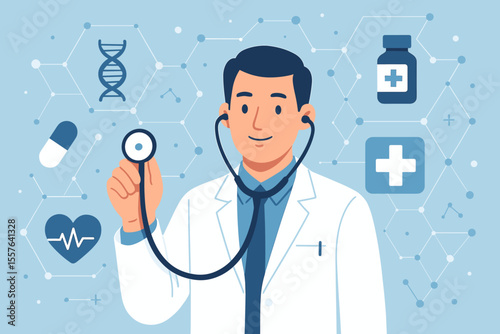 Medical doctor with stethoscope, healthcare professional examining patient, modern medicine technology, DNA, heart health, digital network, pharmacy, hospital, medical innovation concept
