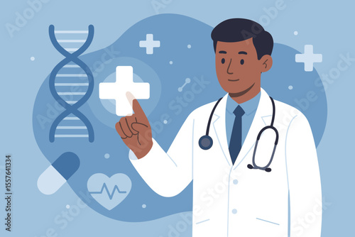 Medical doctor with stethoscope interacting with digital healthcare interface, DNA helix, medical cross, science icons, health insurance, diagnosis, modern medicine, research, technology concept