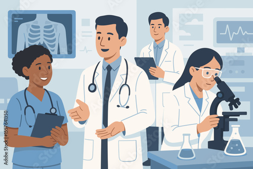 Medical Teamwork in Hospital Laboratory. Doctors, Nurse, Scientist Collaborate on Patient Care, Research, Technology. Healthcare Professionals, Clinical Staff, Diagnostics, Innovation, Modern Medicine