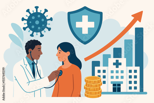 Healthcare business growth, medical examination, hospital finance, rising healthcare costs, pandemic impact, virus outbreak, patient care, medical data, hospital economics, health protection concept