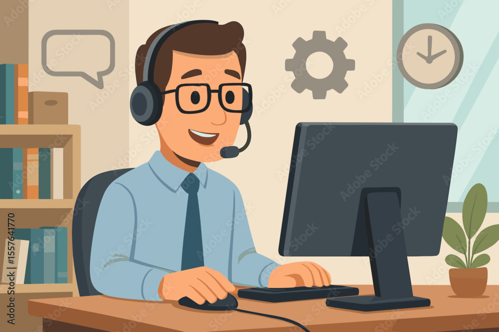 Customer support representative with headset at office desk, working on desktop computer, providing technical assistance, help desk service, IT support, workplace communication, vector illustration Customer support representative with headset at office desk, working on desktop computer, providing technical assistance, help desk service, IT support, workplace communication, vector illustration