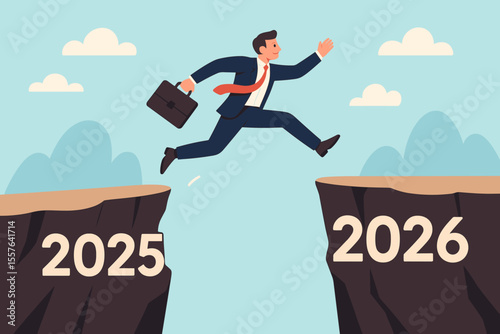 Businessman leaping over abyss from 2025 to 2026. New year challenge, opportunity, success, growth, ambition. Career progress, overcoming obstacles, future goals. Flat vector illustration.
