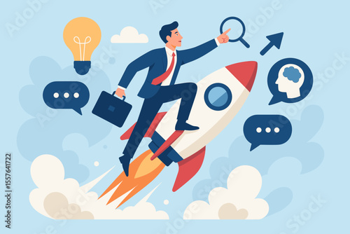 Businessman Riding Rocket Launching Career Success, Job Search, Employment Opportunity, Leadership, Innovation, Motivation, Professional Growth, Ambition, New Job, Vacancy, Recruitment, Achievement