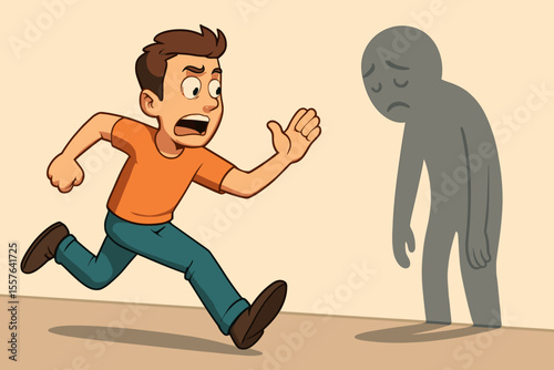 Cartoon man running away from sad shadow on wall, mental health anxiety metaphor, escaping negative emotions, depression, stress, inner struggle, psychology concept, vector illustration