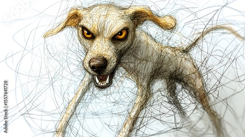 Intense sketchy dog illustration, with glowing yellow eyes, a fierce and dynamic pose, high-resolution image