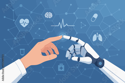 Human and Robot Hands Touching in Medical AI Network, Healthcare Technology Collaboration, Artificial Intelligence Diagnosis, Future Medicine, Digital Data Connection, Innovation in Patient Treatment