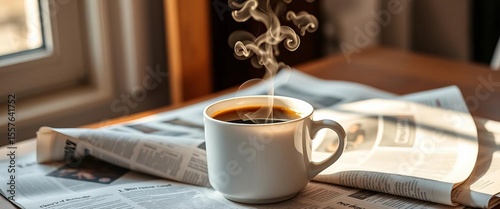 Steaming coffee in mug, newspaper background, cozy morning light,  tranquility,  comfort