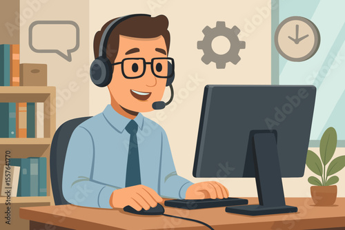 Customer support representative with headset at office desk, working on desktop computer, providing technical assistance, help desk service, IT support, workplace communication, vector illustration
