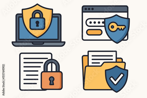 Cybersecurity data protection icons. Secure online access, privacy shield, password login, document encryption, file folder security. Vector cartoon illustration. Internet safety technology concept
