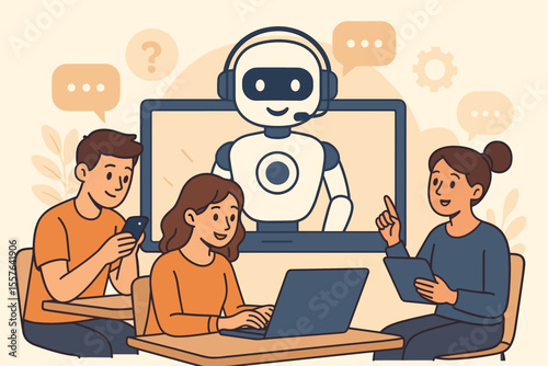 Diverse people using digital devices interacting with AI chatbot assistant for online customer service support, virtual help desk, technology communication, teamwork, vector cartoon illustration