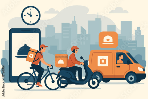 Online Food Delivery Service 24/7. Courier Delivers Fast Food Orders via Mobile App Using Bicycle, Scooter, and Van. Urban Express Meal Delivery, Contactless Courier, City Logistics Concept