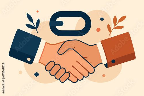 Business partnership handshake agreement. Two businessmen shaking hands. Collaboration, teamwork, trust, deal, contract, connection, cooperation. Link symbol. Abstract vector illustration.