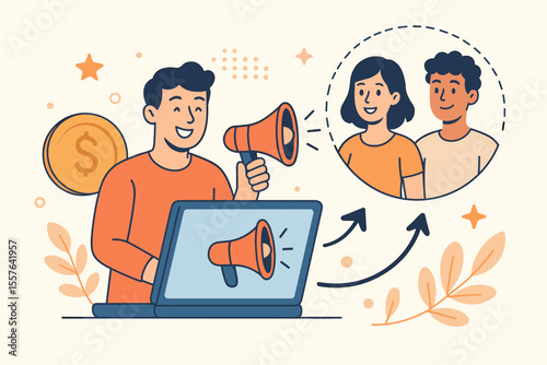 Referral marketing strategy illustration. Customer loyalty program, word of mouth promotion, friend recommendation, digital advertising, social network sharing, online business growth concept
