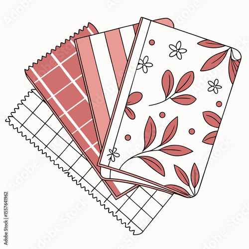 Coral and white fabric swatches with floral and striped patterns floral pattern