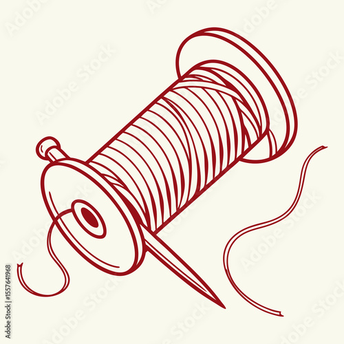 Crimson thread wound on spool with needle bobbin sewing