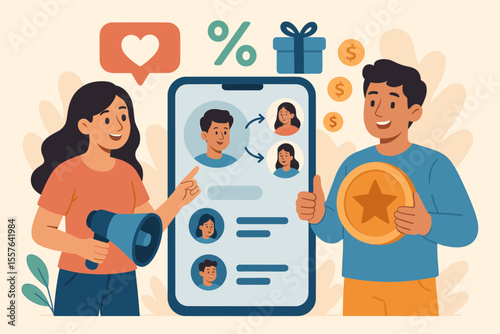 Referral marketing concept with friends loyalty program, customer rewards, social media promotion, influencer partnership, referral bonuses, digital advertising, flat vector illustration