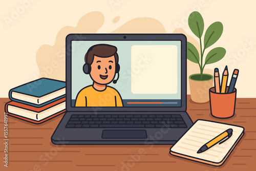 Online Education Workspace with Laptop, Headset Student, Books, Notepad, Pencils, Plant. Remote Learning Desk Setup. Distance Study, Virtual Classroom, E-Learning Concept. Vector Cartoon Illustration