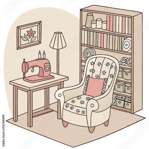 Cozy sewing room with vintage sewing machine and armchair bookshelf lamp