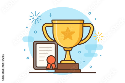 Golden trophy cup with star and certificate award ribbon. Winner prize, achievement recognition, success celebration. Modern flat vector cartoon illustration for competition, contest, best performance