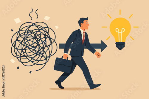 Businessman Solving Problem Chaos to Clarity. Conceptual Thought Process Creativity. Moving from Confusion Disorder to Simple Idea Solution. Innovation Light Bulb Success Metaphor Illustration