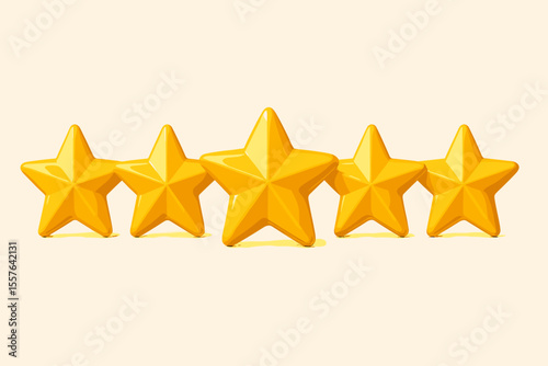 3D Five Gold Stars Rating. Glossy Yellow Star Icons for Customer Feedback, Best Performance Evaluation, High Client Satisfaction, Achievement, Review Score, Quality Ranking, Realistic Vector