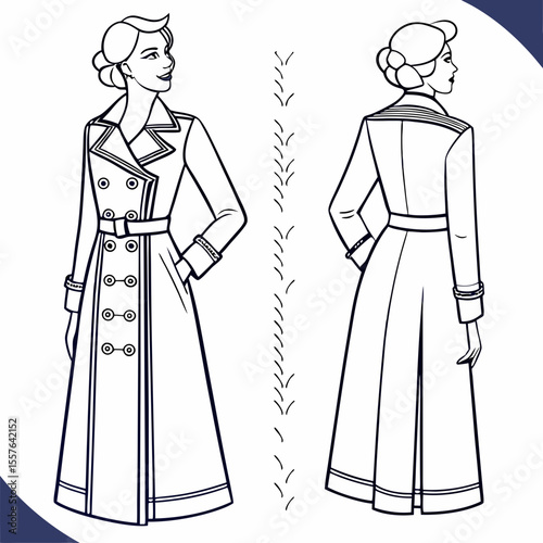 Elegant woman wearing double breasted trench coat with belted waist and decorative buttons fashion
