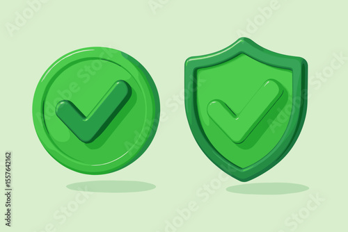 3D green check mark icons set, circular and shield shapes, approval and security symbols, verification, confirmation, guarantee, protection, modern flat vector cartoon illustration isolated