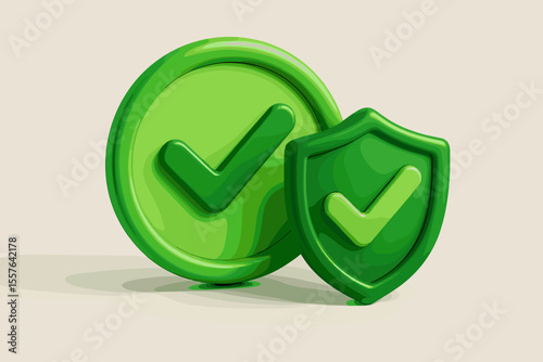 3D Green Check Mark Icon with Shield, Verified Approval Symbol, Security Protection Badge, Modern Flat Cartoon Vector, Safe Guarantee, Confirmation, Success, Secure Validation, No Text