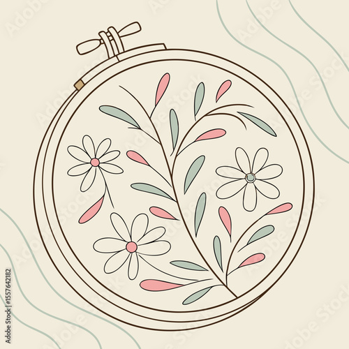 Embroidery hoop with floral branch and pastel petals daisy flowers mint green