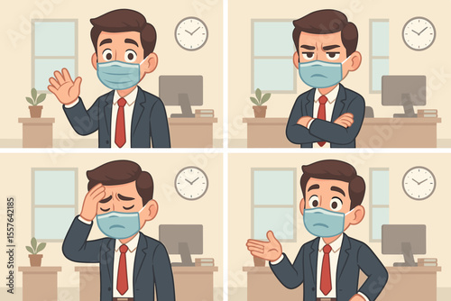 Young businessman wearing medical mask showing varied emotions and gestures in modern office environment, vector cartoon illustration of business health safety and workplace mood