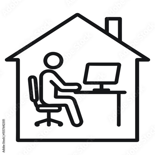  Simple outline icon depicting a person working remotely from home at a desk with a computer