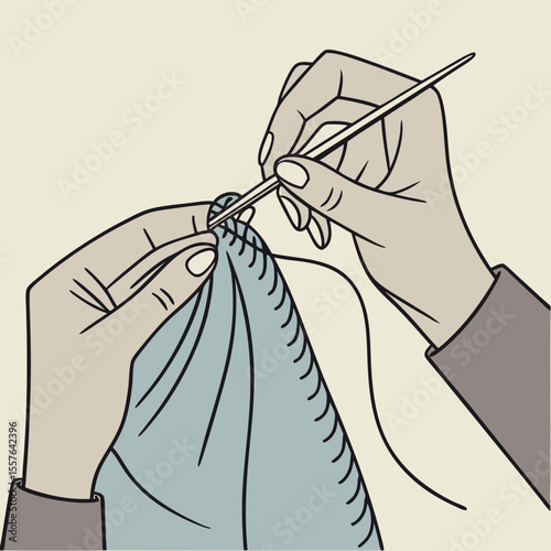 Hands sewing fabric with needle and thread vector