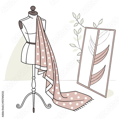 Mannequin draped with polka dot fabric and decorative mirror polka dots