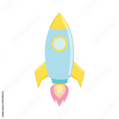 Cute cartoon rocket launching into space. Pastel color palette, simple design.