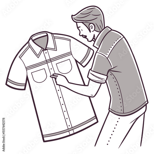 Man examining a grey and white collared shirt with pockets clothing fashion