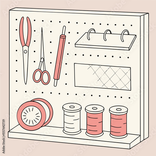 Pegboard displaying sewing tools and supplies with pink accents scissors thread spools