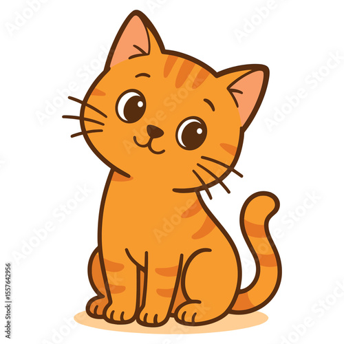  Adorable cartoon ginger tabby kitten sitting and looking forward with a happy expression and striped fur