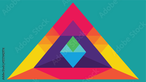 Colorful abstract pyramid design with layered triangles on teal background