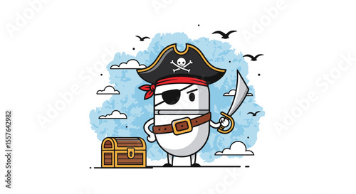 A Pill Character Dressed as a Pirate with a Sword and Treasure Chest
