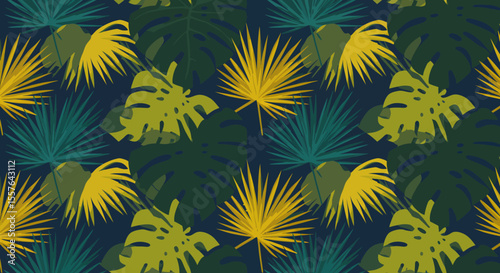 Tropical Foliage Pattern with Golden Palm Fronds and Monstera Leaves.