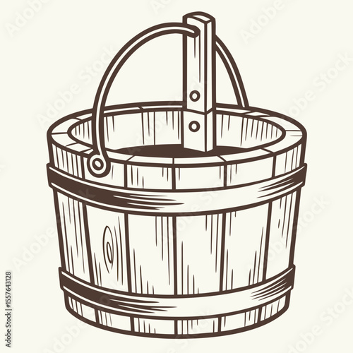 Rustic wooden bucket with metal bands and handle vintage container
