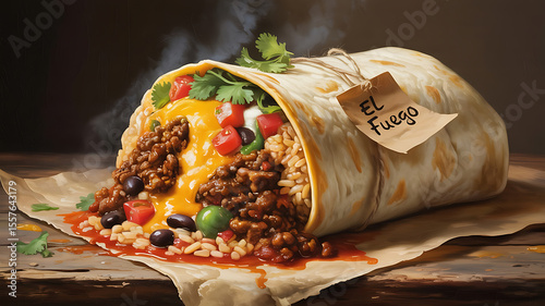 Massive burrito overflowing with meat, cheese, and toppings.
