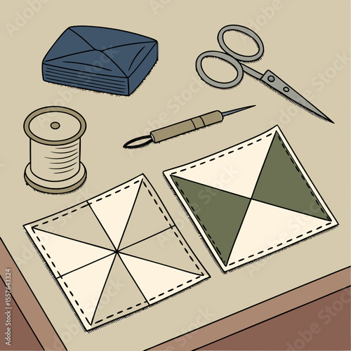 Sewing supplies with fabric squares and scissors thread needle