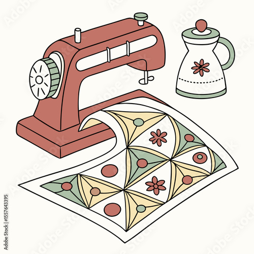 Vintage sewing machine with quilt and pitcher fabric