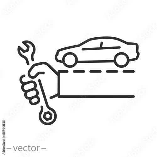 car repair icon, car service, hand of a master with a wrench, auto repair station, line symbol on white background - editable stroke vector illustration eps10