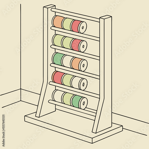 Wooden thread rack with colorful spools sewing craft