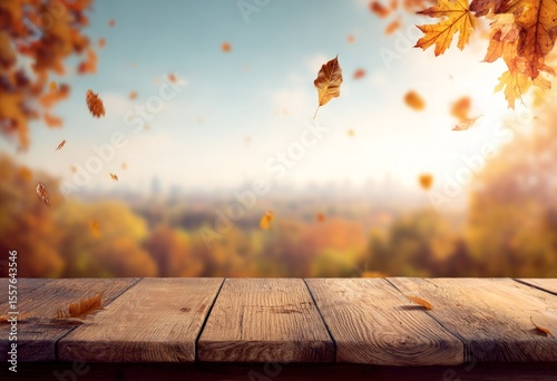 Rustic Wooden Table with Falling Autumn Leaves and Blurred City Background