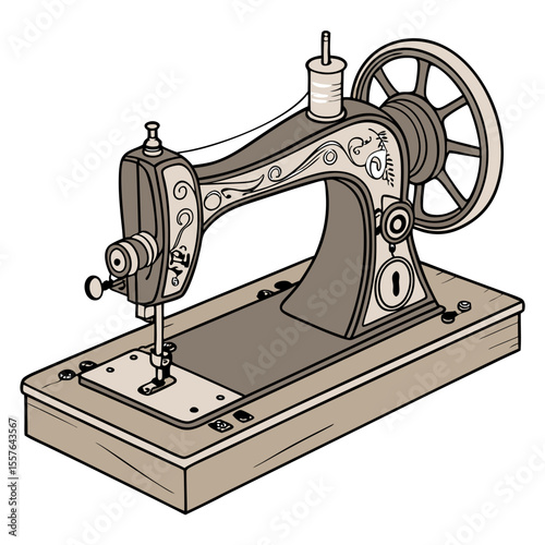 Antique sewing machine with spool and wheel vintage retro