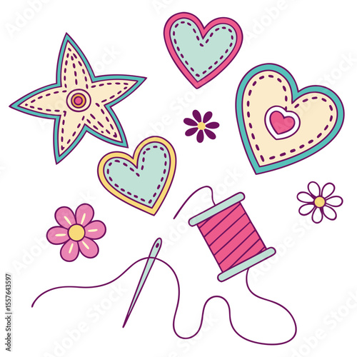 Applique hearts star flowers needle thread spool vector