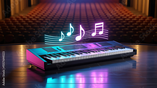 Digital keyboard on stage, musical notes float above.

